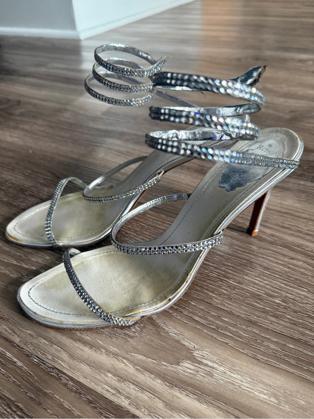 Rene Caovilla Silver Crystal Spiral Strap Heeled Sandals